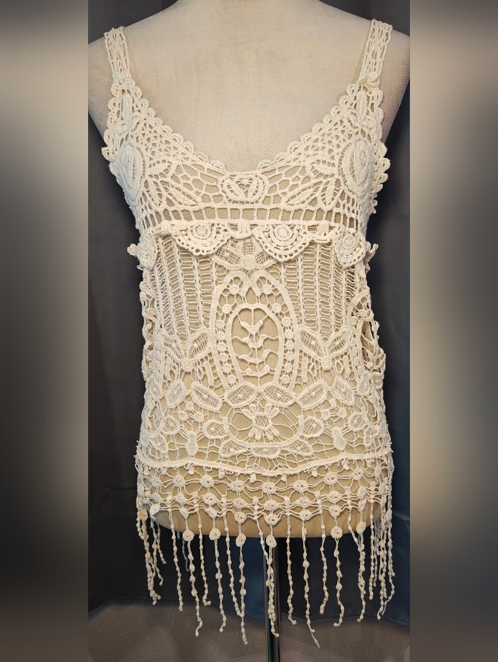 Y2K Phase One Cream Open Knit & Fringe Boho Festival Tank Top.